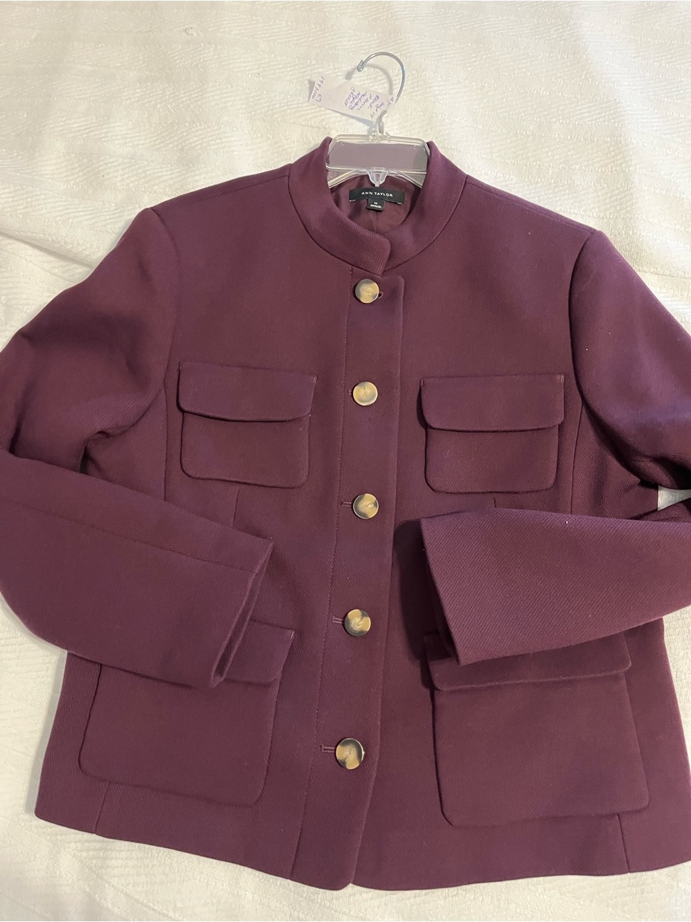 Ann Taylor Dark Plum Mock Neck Button-Front Jacket